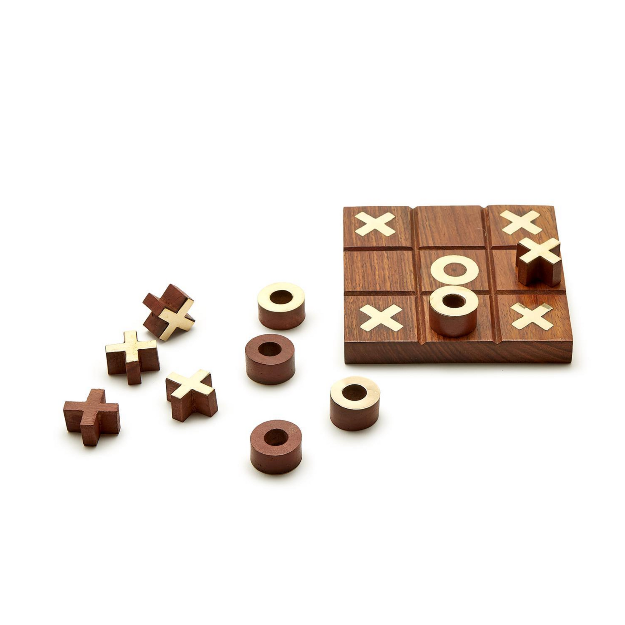 The Two's Company 2 in 1 Tick Tac Toe and Solitaire set features X and O pieces on an acacia wood board, with some pieces placed on the board and others scattered beside it, all presented against a white background.