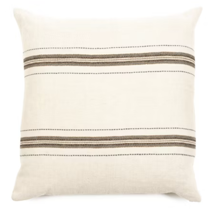 The Belgian Pillow by Libeco Home is a square white pillow cover with two horizontal brown and black striped patterns and dotted lines near the top and bottom—an elegant touch for your home decor.