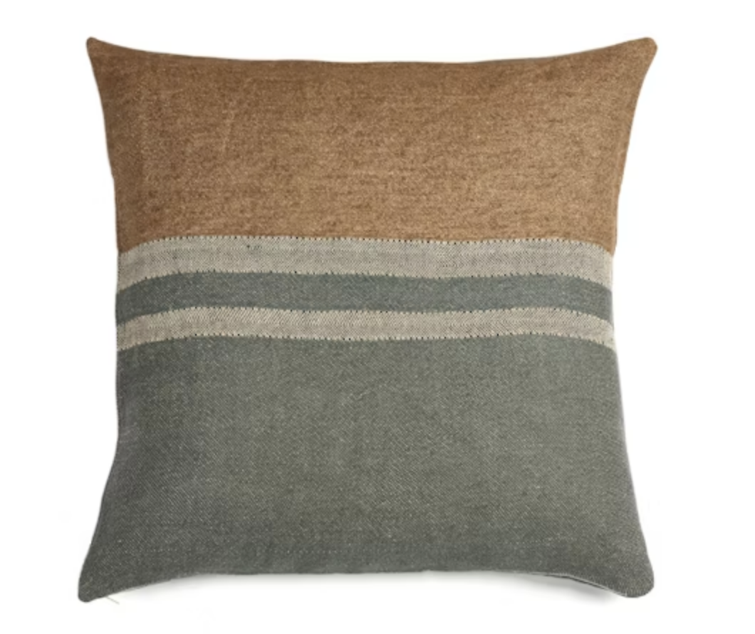The Belgian Pillow by Libeco Home is a square decorative cover with a brown top, gray bottom, and two light beige horizontal stripes—an elegant, high-quality choice for stylish home decor. Shown on a white background.