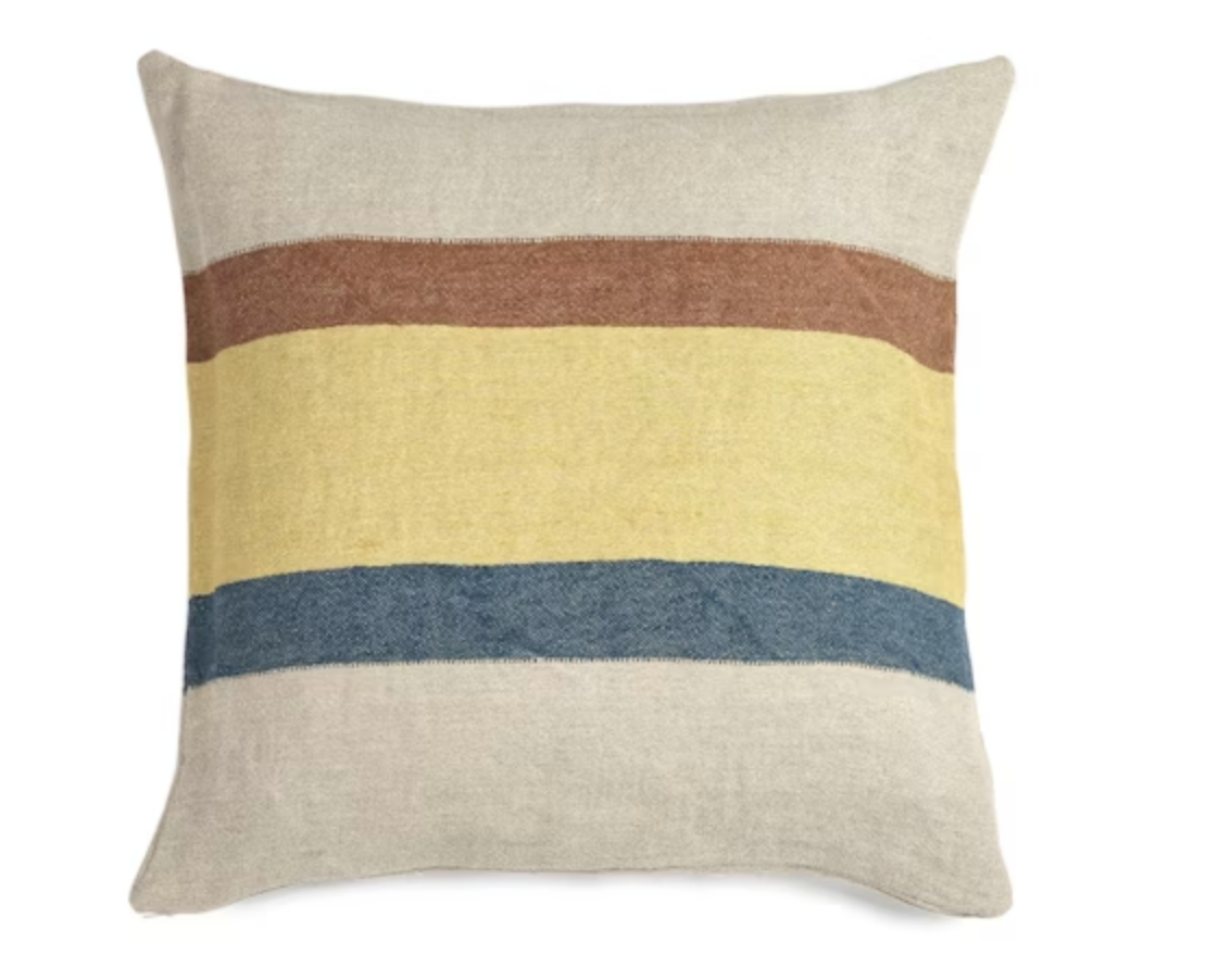 The Belgian Pillow by Libeco Home is a high-quality square throw pillow with a beige background and three horizontal brown, yellow, and blue stripes—ideal for elevating your home decor.
