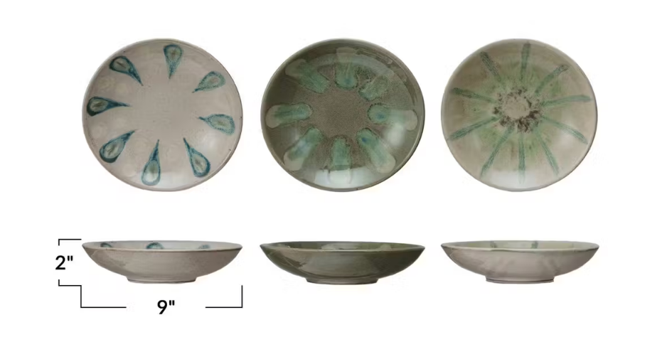 Three Creative Co-op Low Bowl Blue Green stoneware plates, each 9" wide and 2" tall, feature unique green and blue glazed patterns in different styles. Plates are shown from above and the side on a white background for clear dimensions.