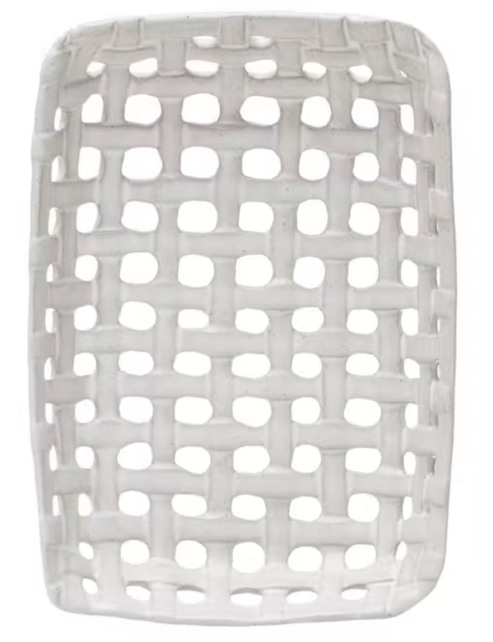 The Creative Co-op Square Lattice Dish features a woven open-lattice design, rounded corners, and a ceramic or plastic look. Viewed from above, it resembles a postcard in size.