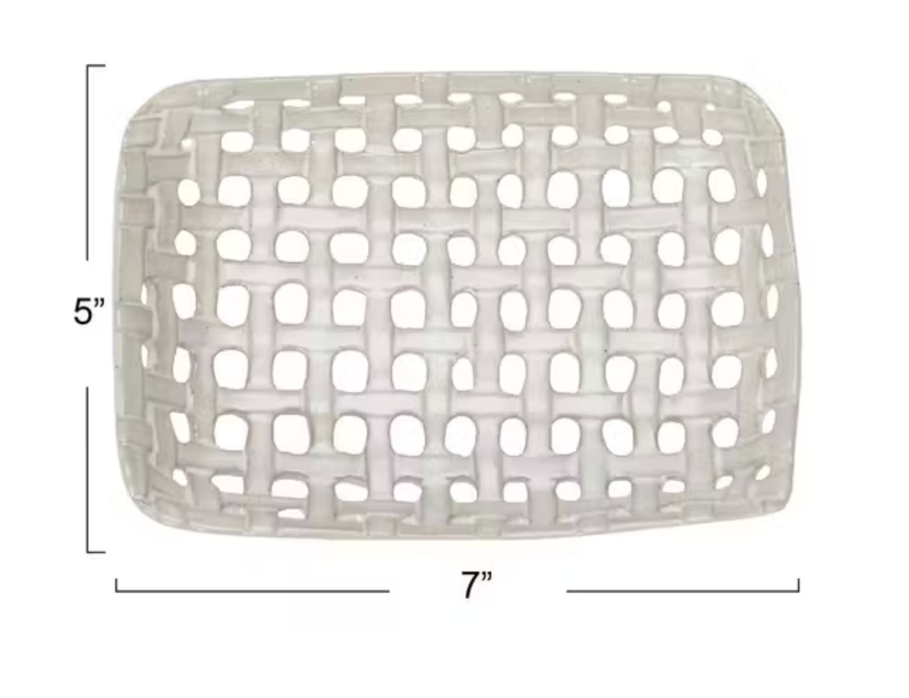 The Creative Co-op Square Lattice Dish is a white square tray with rounded edges, featuring postcard-sized dimensions of 5 inches by 7 inches.
