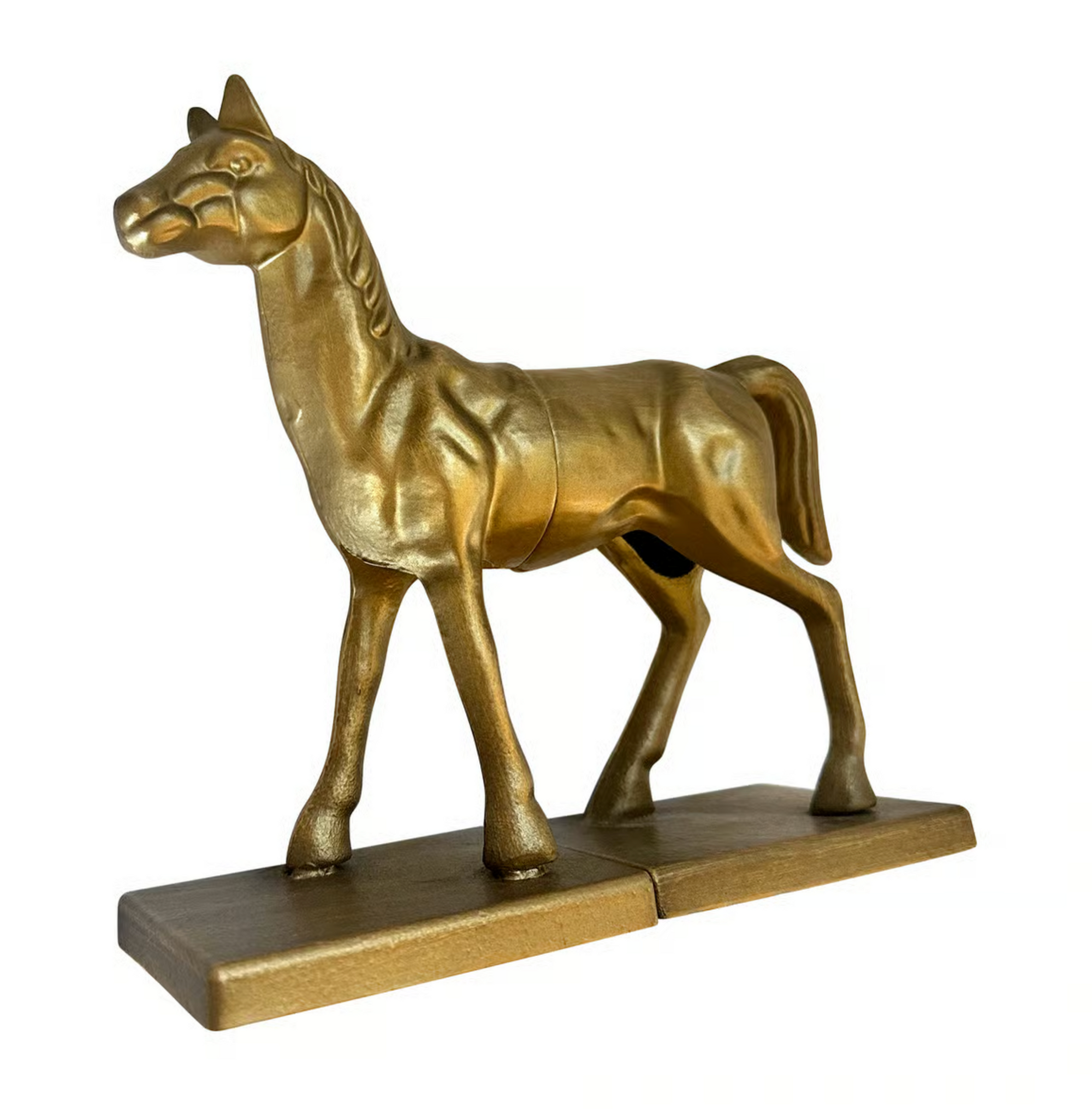 The Horse Bookend Set by Fox Run Brands features bronze-colored metal horses in a walking pose on rectangular bases—ideal decorative bookends to add charm to your shelf or study.