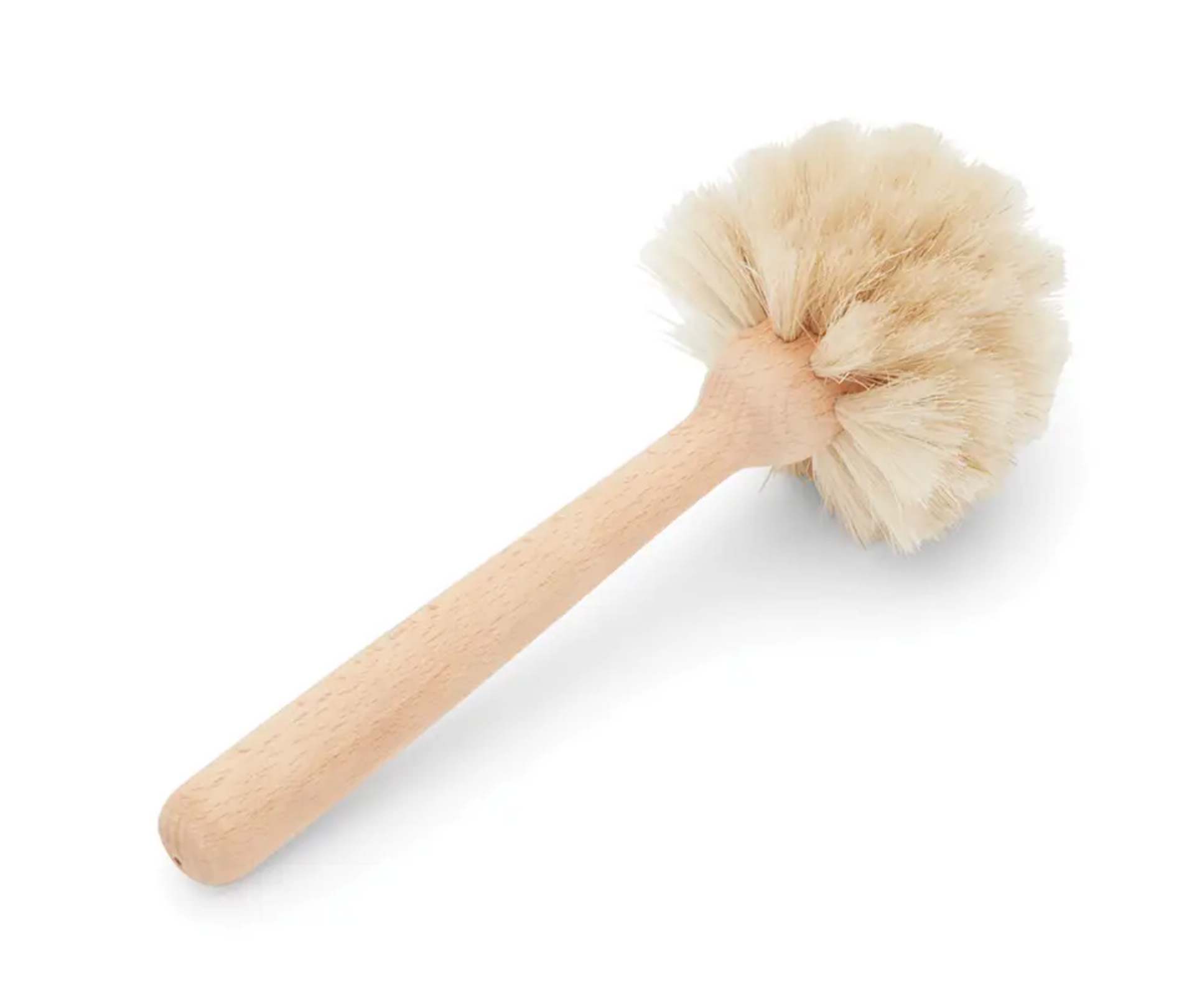 The Fox Run Brands Dish Brush features a beechwood handle and dense, round, natural cream-colored bristles, shown isolated on a white background.