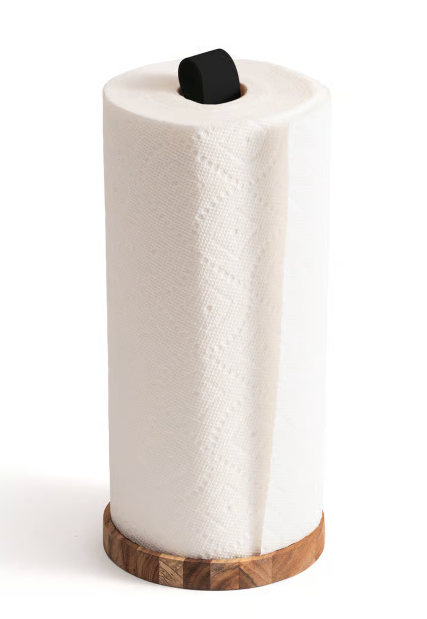 A roll of paper towels stands upright on the Fox Run Brands Acacia PaperTowel Holder, featuring a minimalistic wooden base and a black handle, set against a white background.