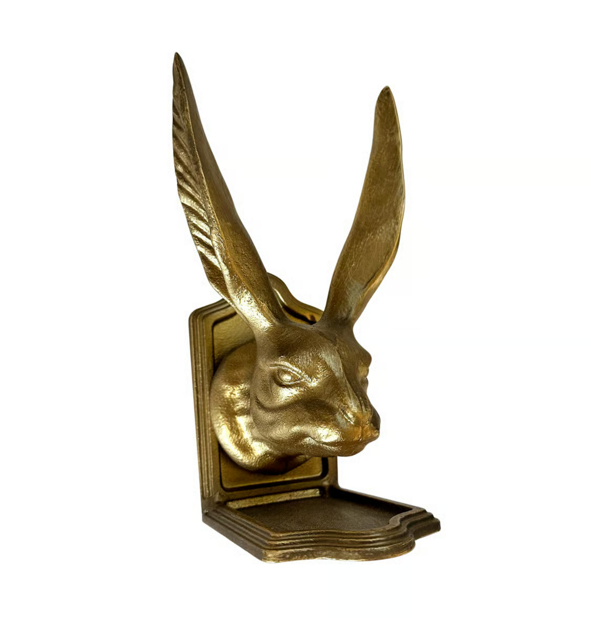 The Rabbit Bookend Set by Fox Run Brands features gold-colored, heavy duty bookends shaped like jackrabbit heads with tall ears on rectangular bases—a functional and stylish addition to your shelves.