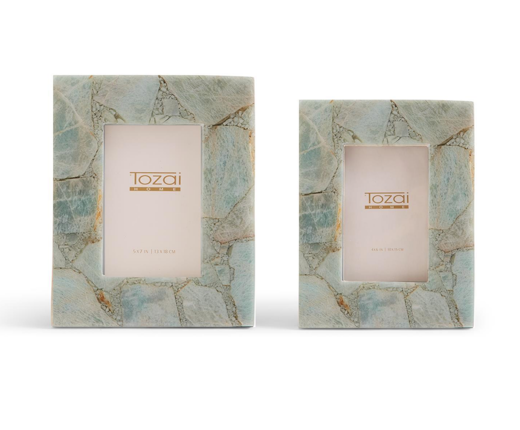 Two Amazonite Frames by Two's Company, featuring a blue-green, stone-inspired mosaic reminiscent of amazonite gemstone—one large and one small—displayed side by side to add calming elegance and unique style to your decor.