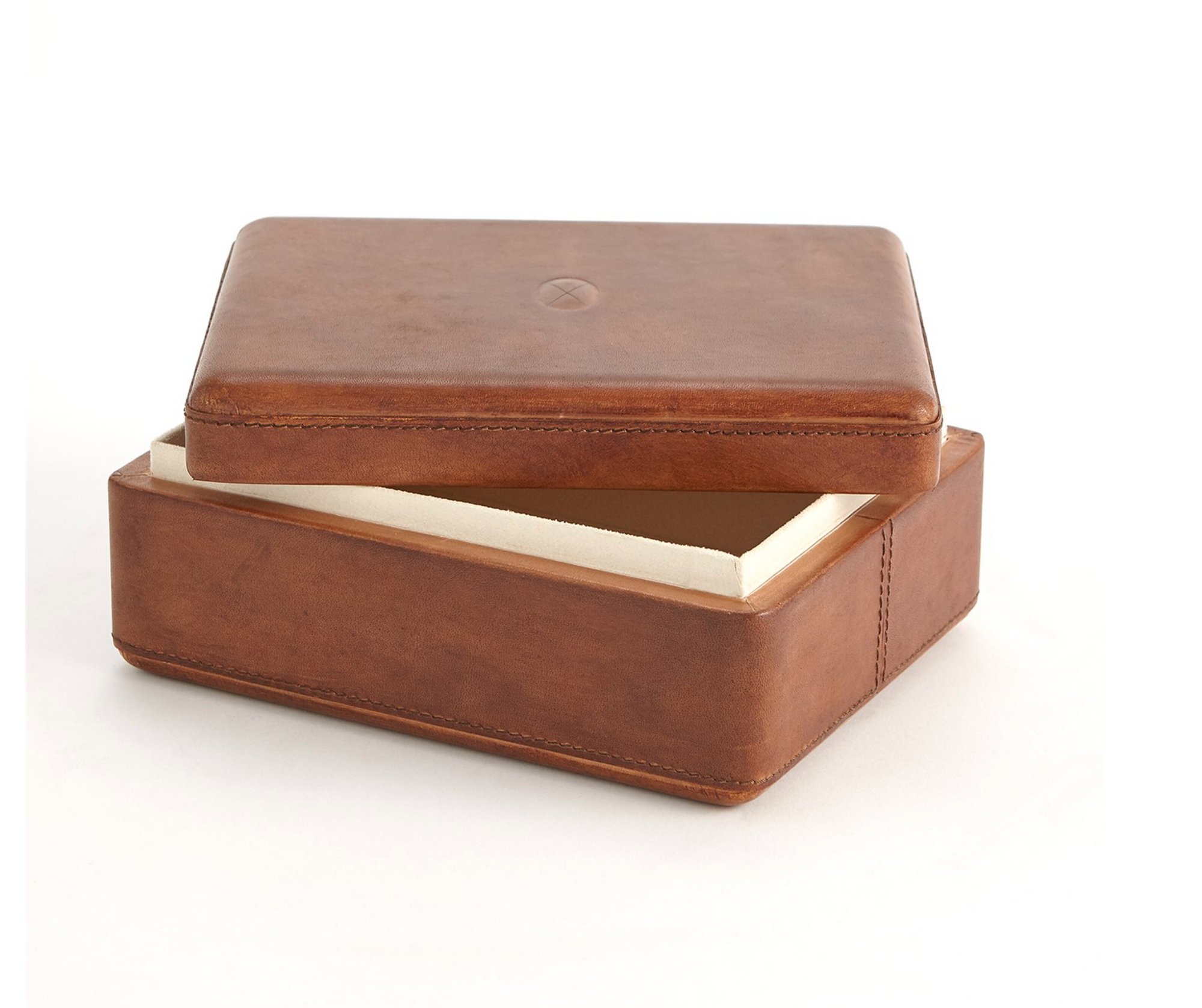 The Tobacco Covered Box LG by Global Views is a brown leather box with visible edge stitching, a partially open lid revealing a light interior—ideal for stylish desk accessories from the Barbara Barry leather collection, shown on a plain white background.