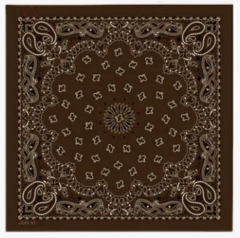 The Silk Bandana by The Great Inc. is a brown silk bandana with a classic paisley pattern in white and tan, featuring intricate floral and teardrop designs that create a symmetrical border and central motif.