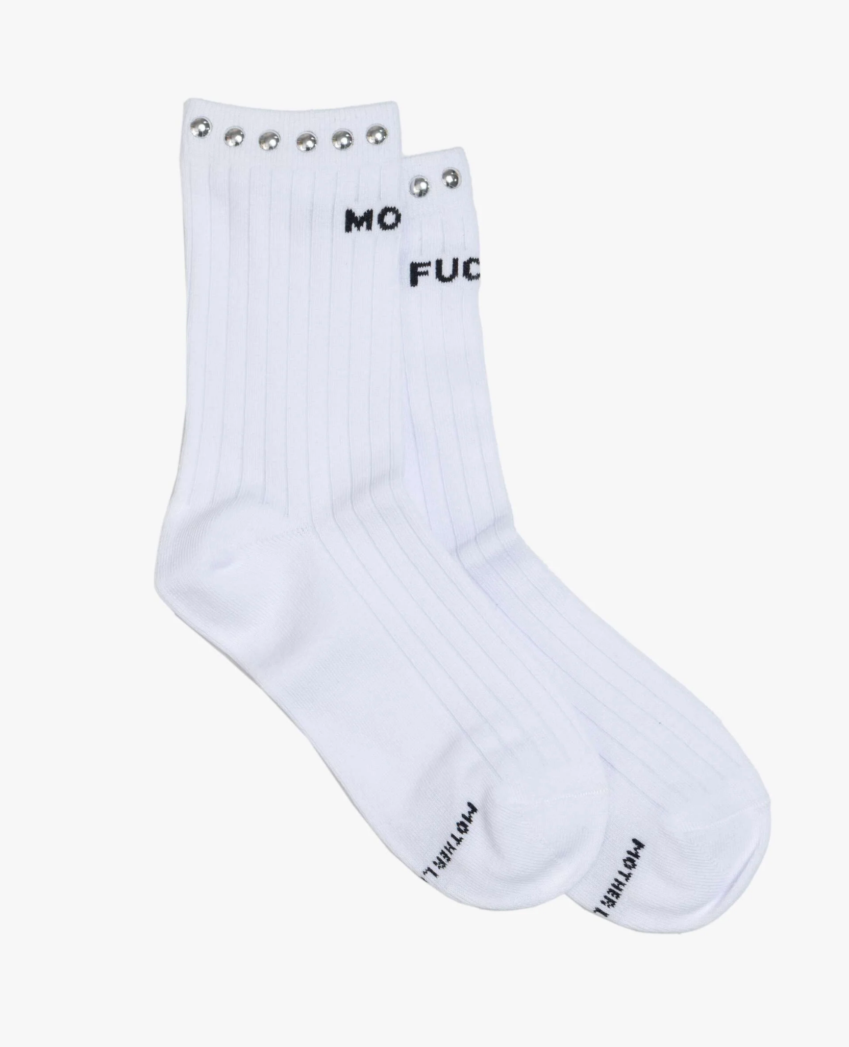 The Half Step by Mother: White ribbed tube socks with silver studs at the top. One sock says "MO", the other "FUC" in bold black letters, with “NOTHING” branding on the toes for extra attitude.