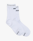 The Half Step by Mother: White ribbed tube socks with silver studs at the top. One sock says "MO", the other "FUC" in bold black letters, with “NOTHING” branding on the toes for extra attitude.
