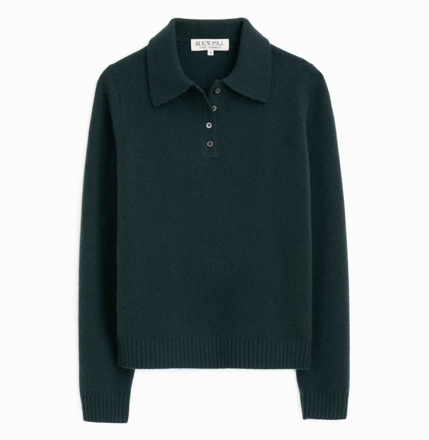 The Alice Polo Cashmere by Alex Mill is a luxury cashmere sweater with a classic button-front polo design, shown on a white background.