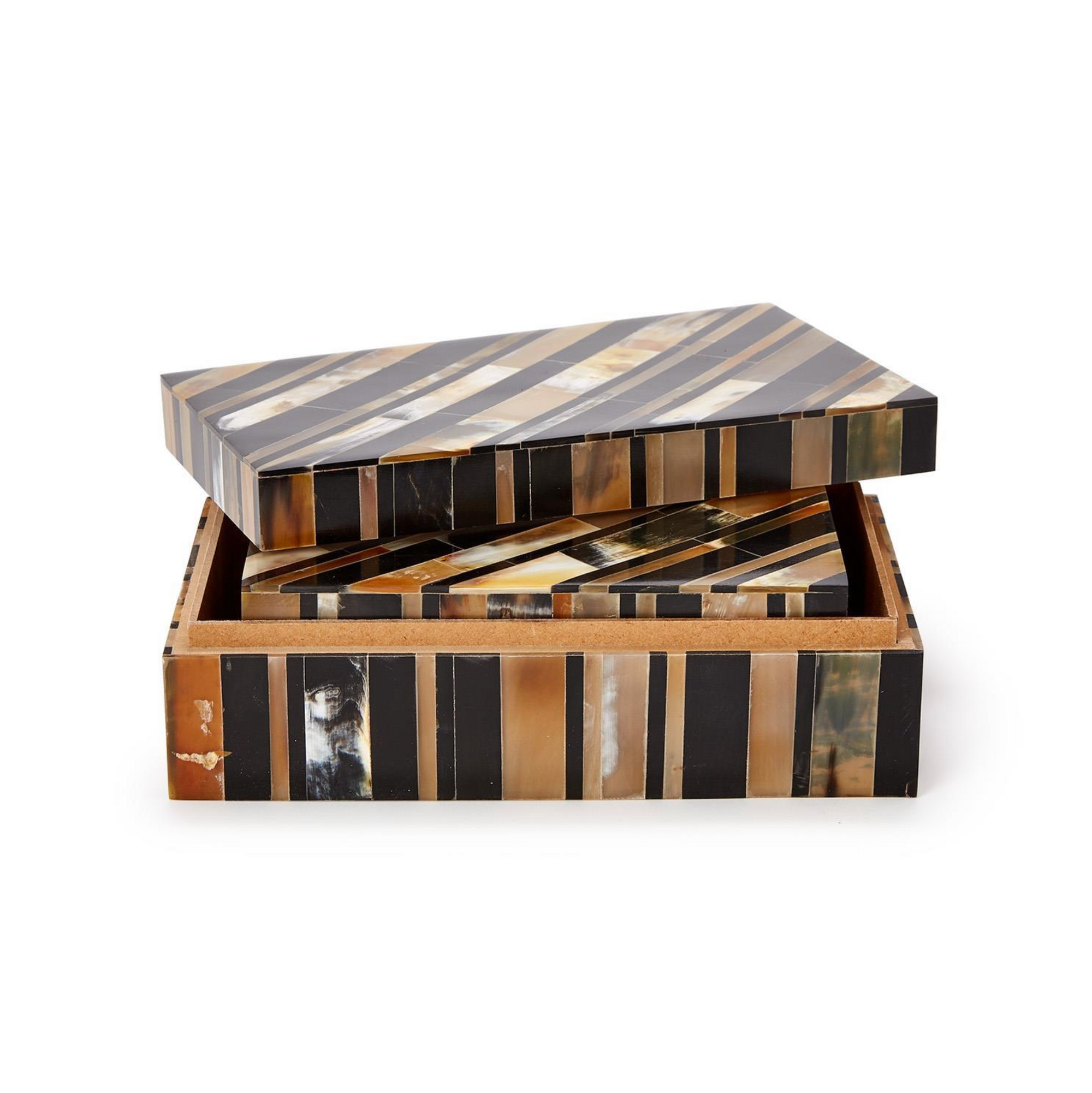 The Horn Covered Box by Two's Company is a rectangular decorative storage box with a partially open lid, featuring a striped brown, black, tan, and cream pattern—ideal for jewelry storage with its matching interior.