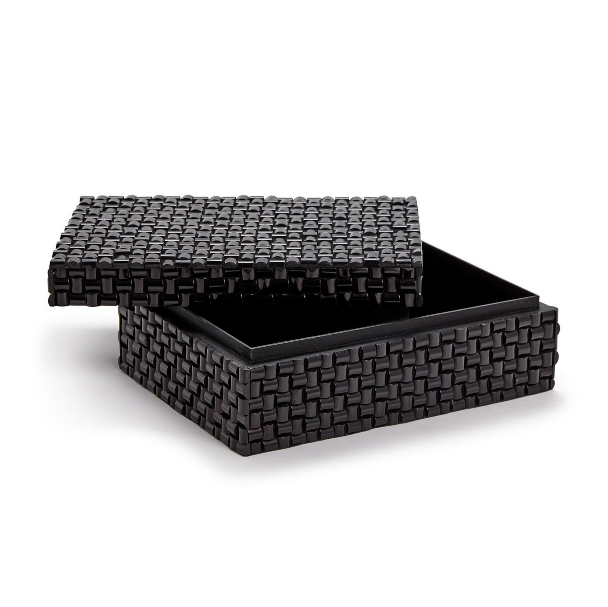 The Rectangle Covered Box by Two's Company features a black, handmade, woven-pattern exterior with a slightly open lid, showcasing its empty interior. Both the box and lid have a textured, basket-like design.