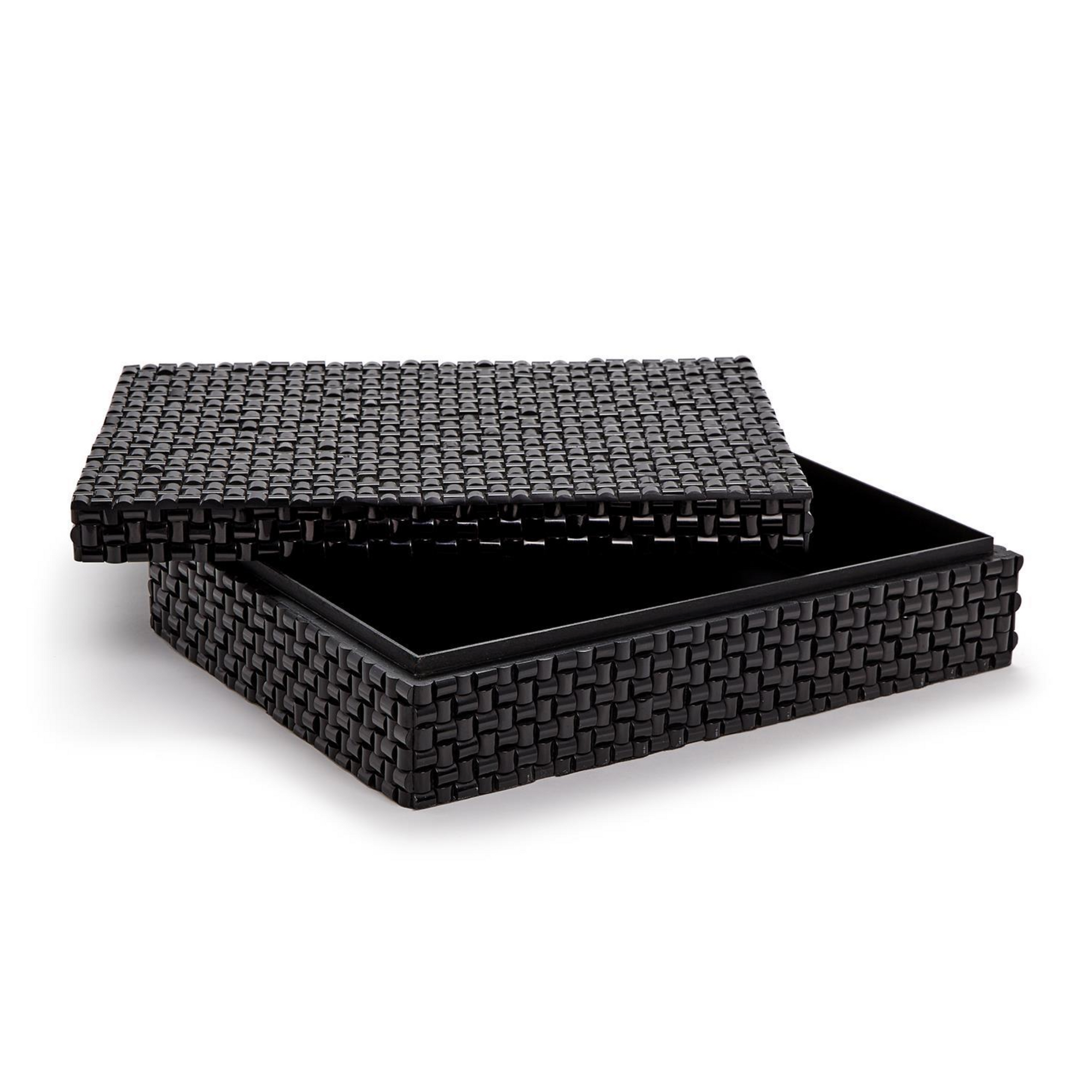 The Nomad BOX by Two's Company is a rectangular black handmade decorative box with a matching removable lid, shown partially open to display its empty interior.