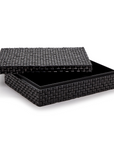 The Nomad BOX by Two's Company is a rectangular black handmade decorative box with a matching removable lid, shown partially open to display its empty interior.