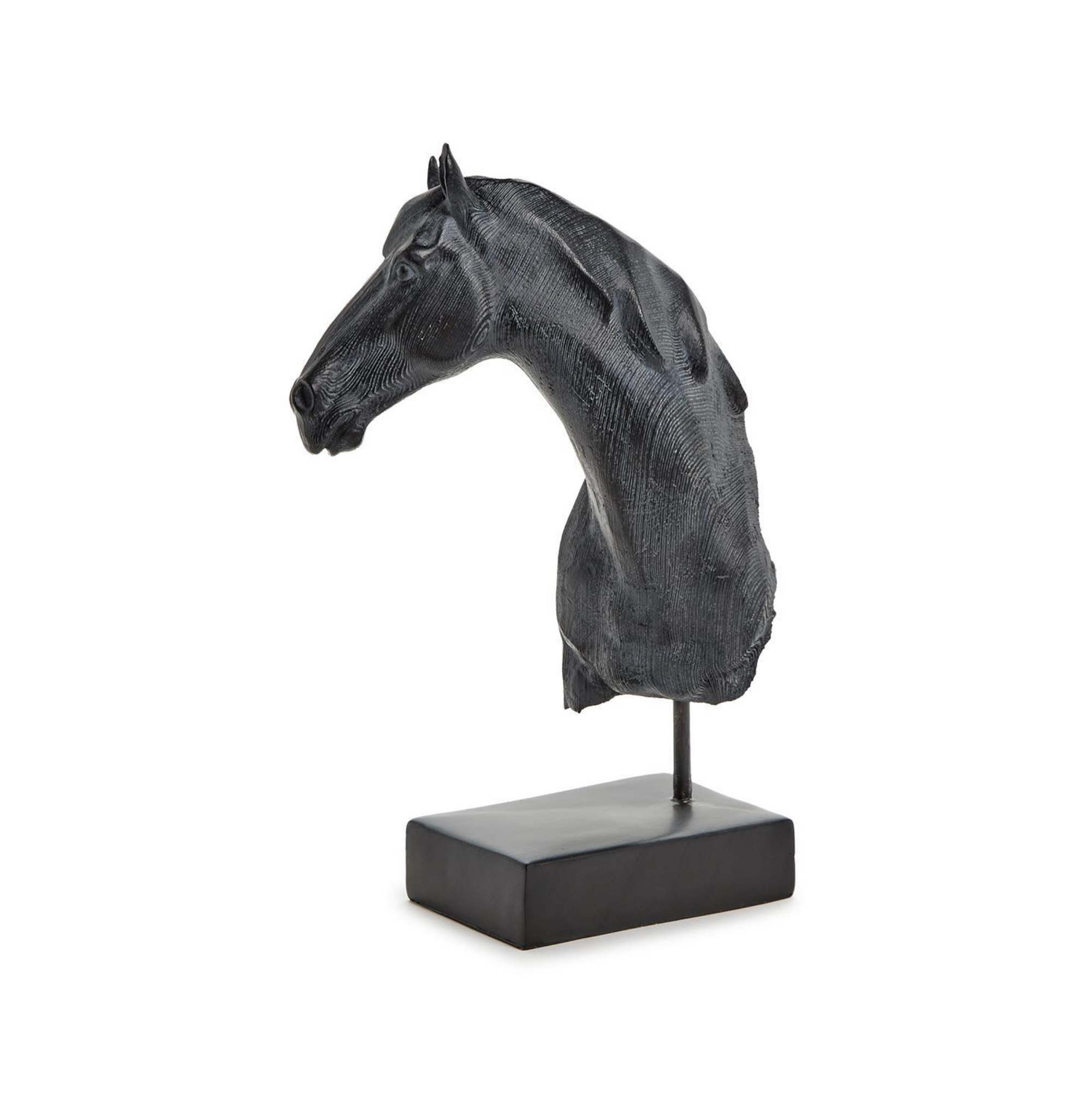 The Two's Company Horse Bust Sculpture features a black, textured, faux wood finish on a rectangular base—an eye-catching piece for rustic home decor. Photographed on a white background.