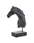 The Two's Company Horse Bust Sculpture features a black, textured, faux wood finish on a rectangular base—an eye-catching piece for rustic home decor. Photographed on a white background.