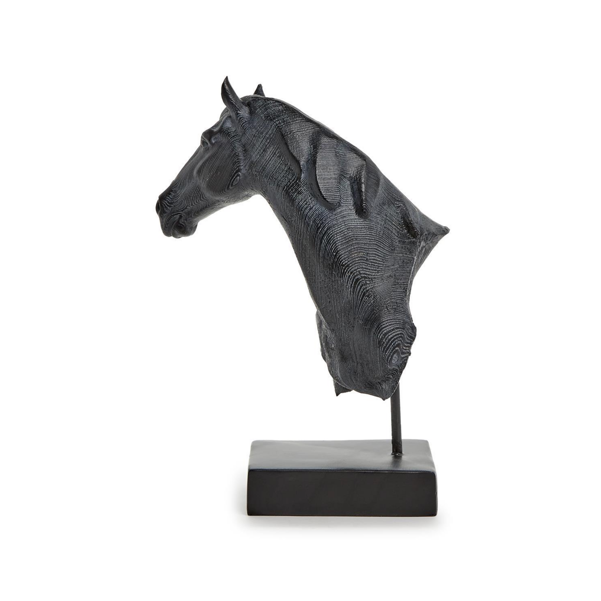 The Horse Bust Sculpture by Two's Company features a sculpted black horse head and neck with a faux wood finish and textured surface, mounted on a rectangular base—ideal for rustic home decor.