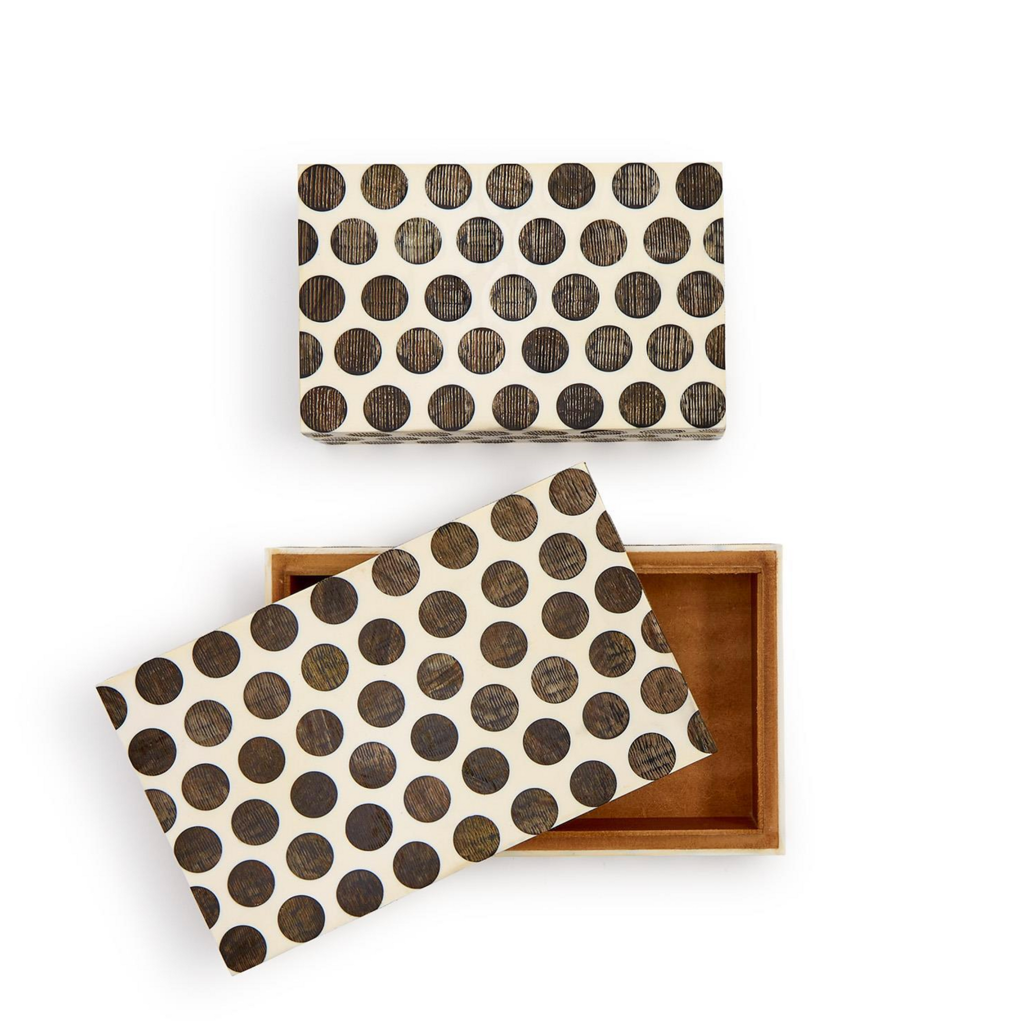 The photo shows two Dot Chiseled Covered Boxes by Two's Company with black polka dots on beige. One box is closed, and the other is open with its lid angled beside it, revealing a plain brown interior.