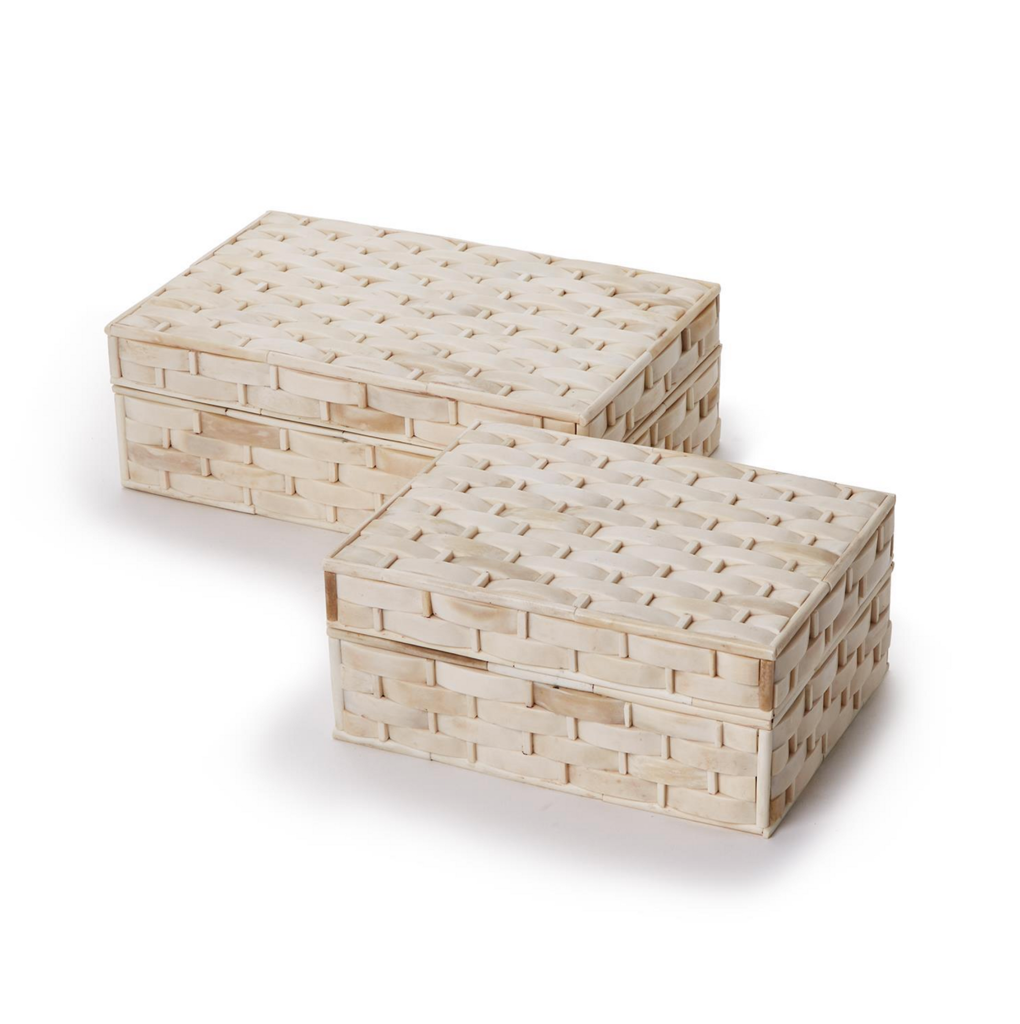 Two's Company Basketweave Bone Boxes, light-colored with lids, are arranged side by side on a white background.