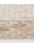 The Basketweave Bone Box by Two's Company is a rectangular box with lid, crafted from light-colored bone in a tight, glossy basket weave pattern.