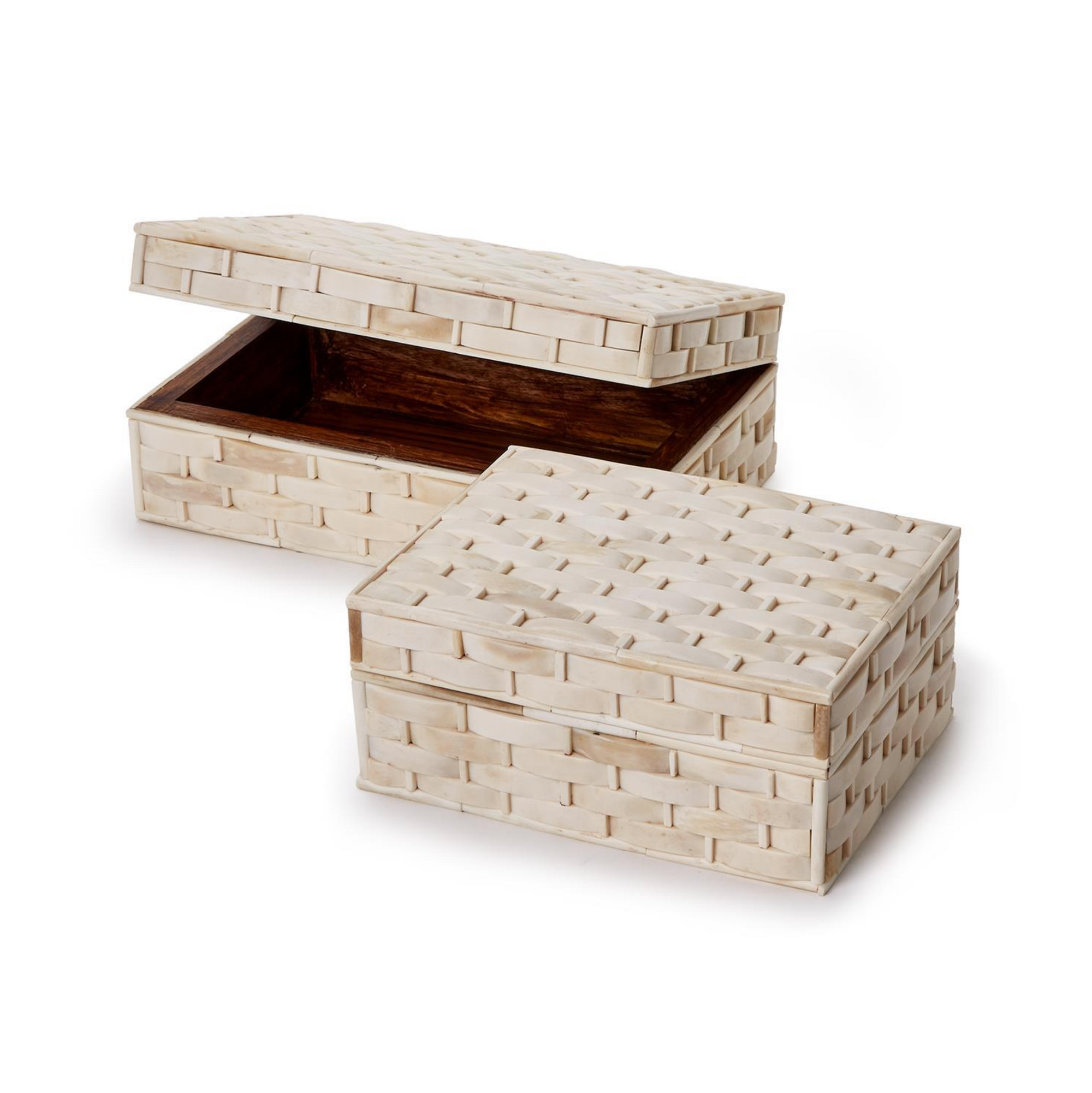 The Basketweave Bone Box by Two's Company features two light cream rectangular boxes, one open to reveal a wooden interior. Handcrafted, they add elegant texture and charm to your décor.