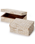 The Basketweave Bone Box by Two's Company features two light cream rectangular boxes, one open to reveal a wooden interior. Handcrafted, they add elegant texture and charm to your décor.