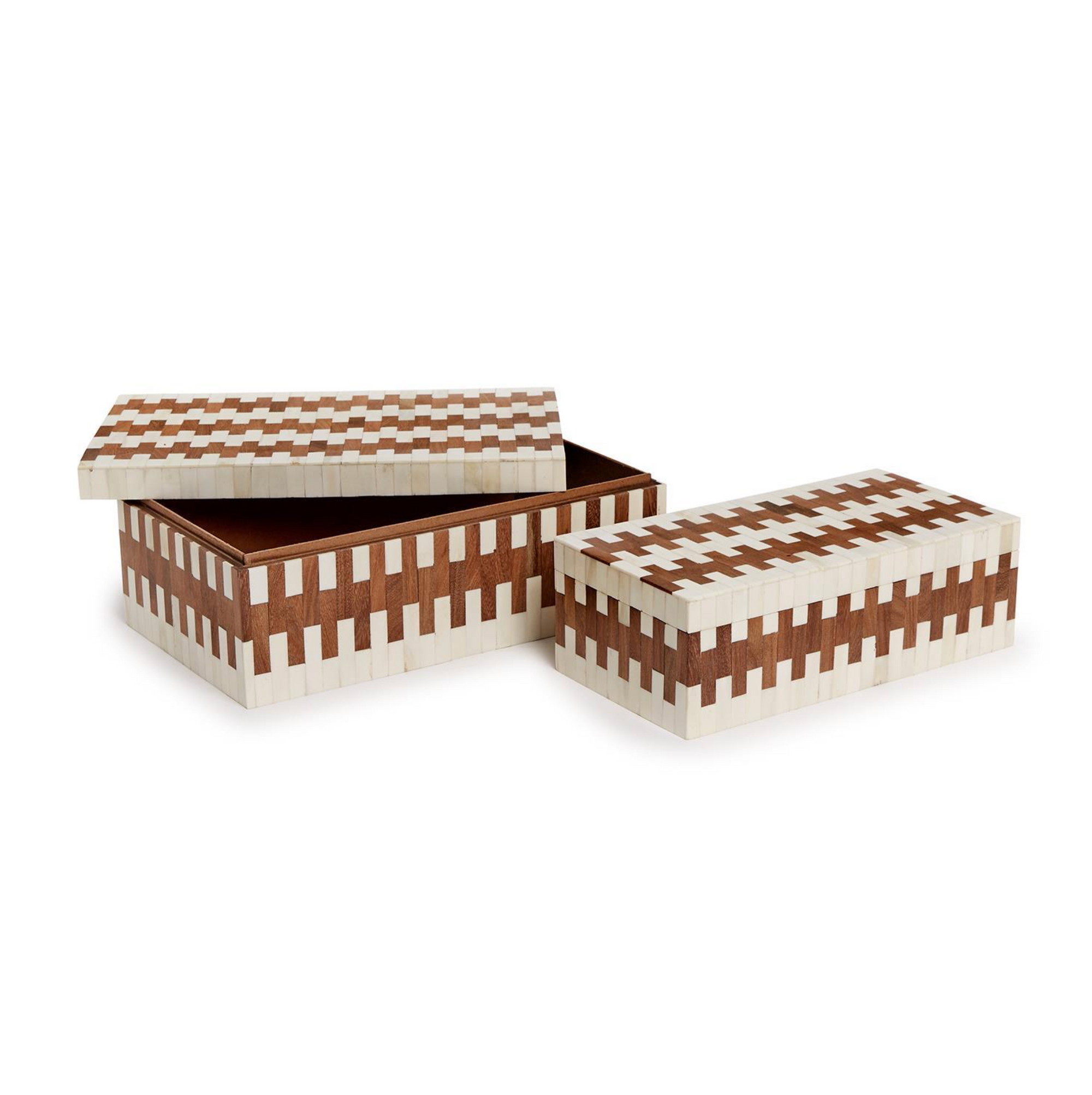 Two’s Company JigSaw Covered Box set: two rectangular handmade decorative boxes with lids, in a brown and cream geometric pattern; one is open to show its wood finish interior, the other remains closed.