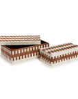 Two’s Company JigSaw Covered Box set: two rectangular handmade decorative boxes with lids, in a brown and cream geometric pattern; one is open to show its wood finish interior, the other remains closed.