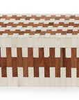 The JigSaw Covered Box by Two's Company is a rectangular handmade decorative box featuring a checkered white and brown tile pattern with repeating geometric designs on the lid and sides, plus an elegant wood finish interior.