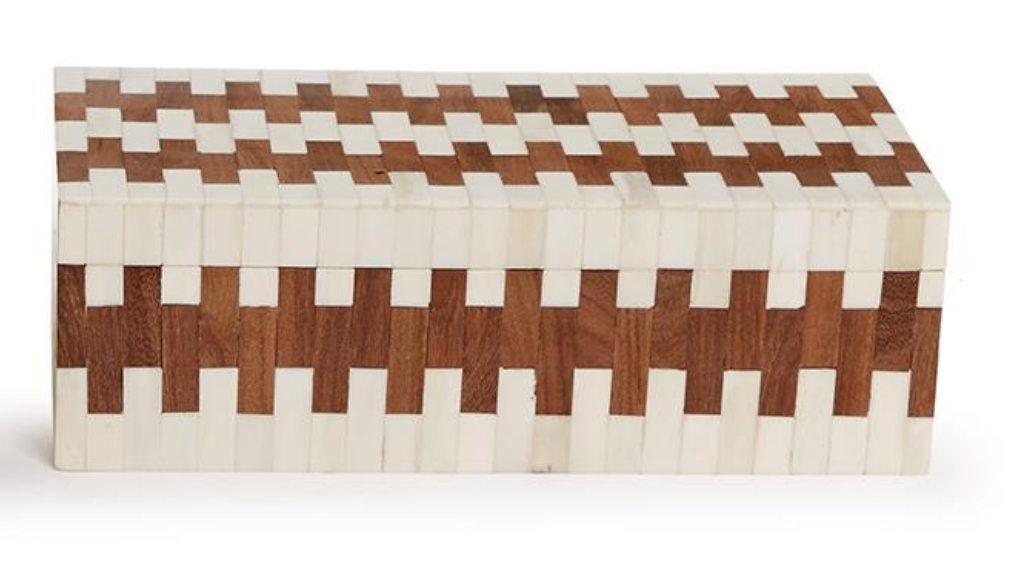 The JigSaw Covered Box by Two's Company is a rectangular handmade decorative box featuring a checkered white and brown tile design, ideal for adding charm to wood interiors. All visible surfaces are adorned for a striking look.