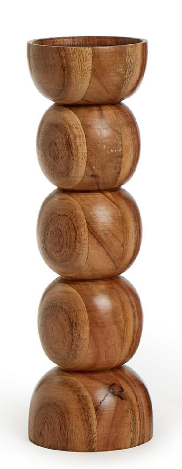 The Pillar Candleholder by Two's Company features five stacked, rounded acacia wood segments with a smooth finish, forming a modern geometric design inspired by mid-century modern style.