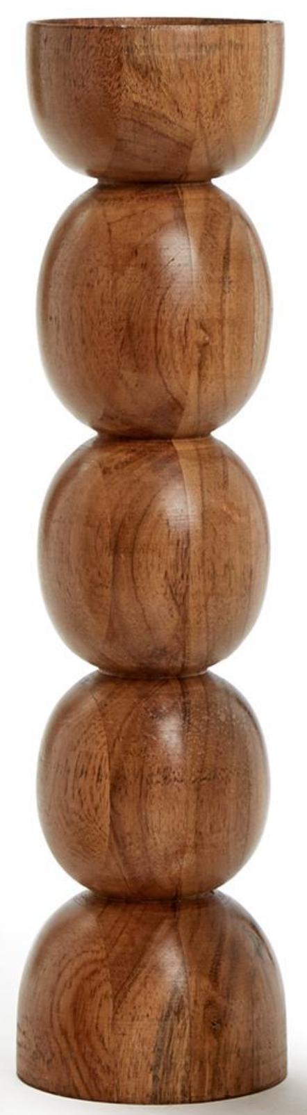The Pillar Candleholder by Two's Company features four smooth, round, stacked spheres with natural wood grain, offering a hand-crafted look inspired by mid-century modern design.