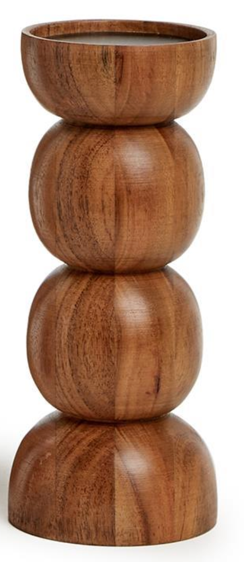 The Two's Company Pillar Candleholder is hand-crafted from acacia wood with four stacked, rounded segments that decrease in size. Its smooth finish adds to the mid-century modern style.