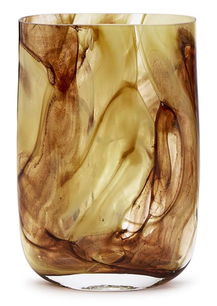 The Swirl Blown Glass Vase by Two's Company features a handcrafted, marbled design in brown and amber hues with a smooth, rounded shape—perfect for adding an artistic touch to any home decor.