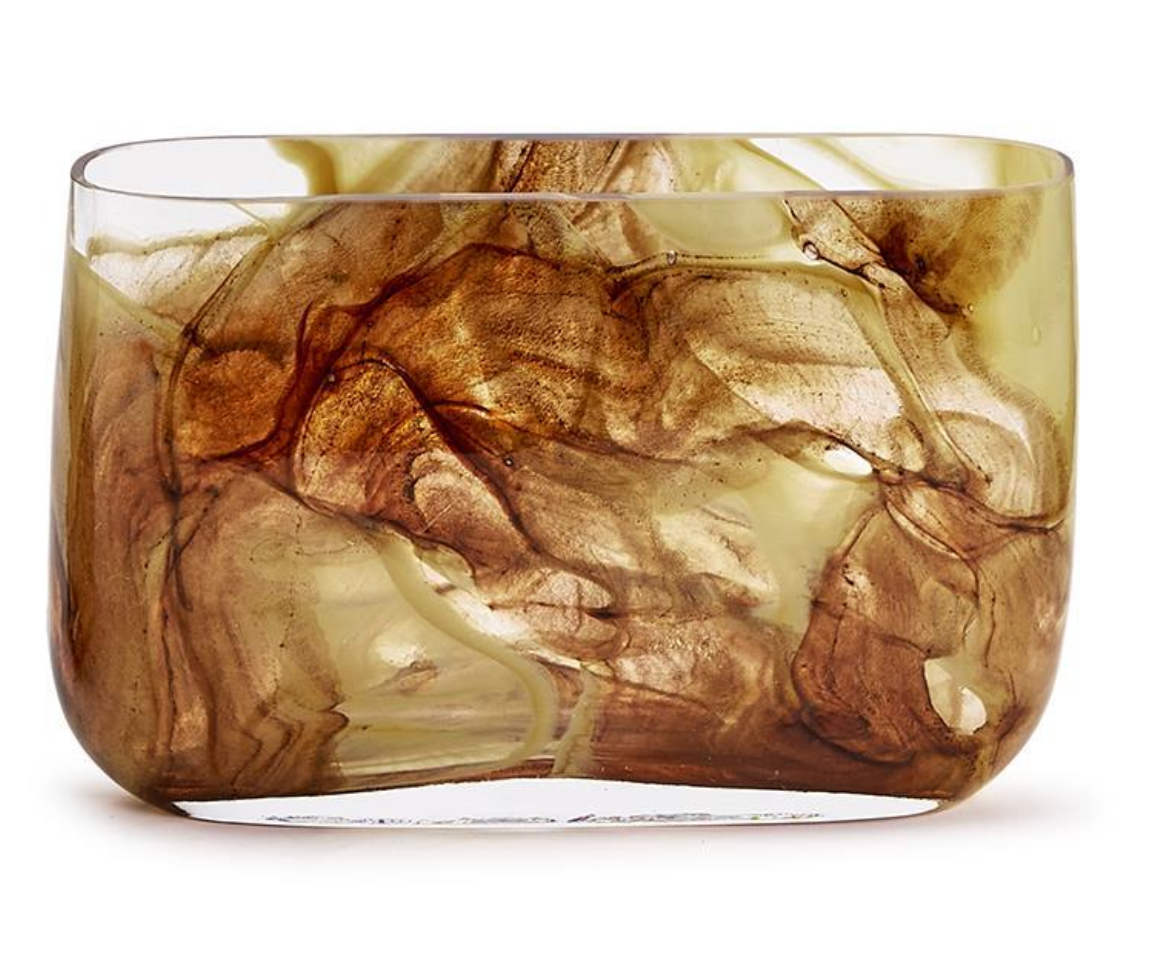 The Swirl Blown Glass Vase by Two's Company features a rectangular, handcrafted design with rounded edges and abstract marbled swirls in earthy brown and amber, making it an artful home decor piece inspired by Murano Glass vases.