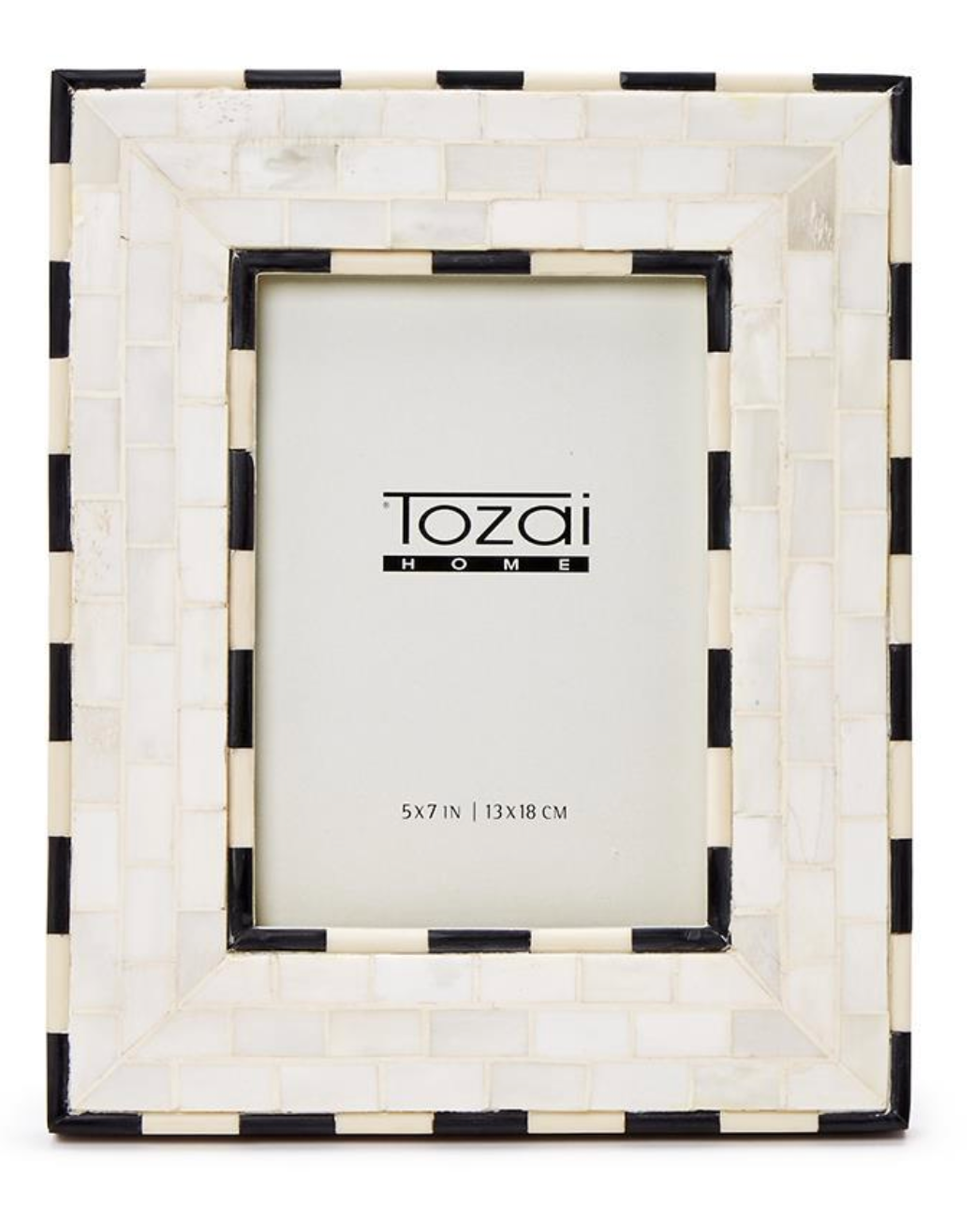 A rectangular handmade photo frame with a white and black brick pattern design features a bold border, displaying the brand "Two's Company" and size 5x7 inches (13x18 cm).