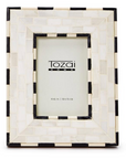 The Brick Pattern Photo Frame by Two's Company is a rectangular handmade frame featuring a mosaic checkerboard border with alternating white and black tiles and a 4x6 inch (10x15 cm) display area.