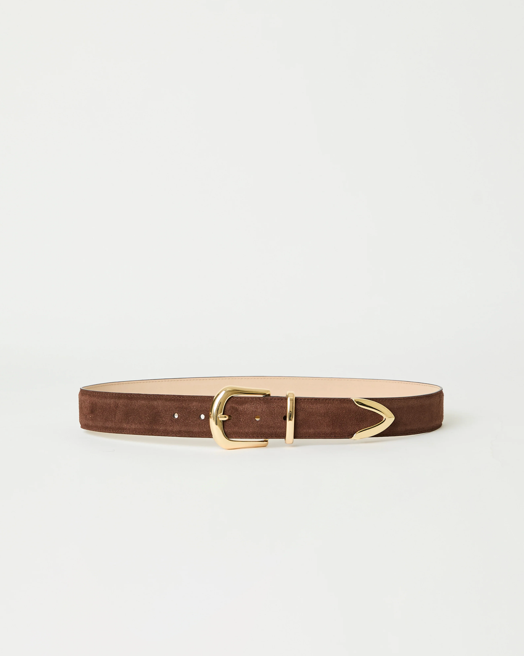 The Marc Belt by B-Low The Belt is a brown suede hip belt with gold-tone hardware, including a gold buckle and pointed tip, shown on a plain white background.