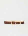The Marc Belt by B-Low The Belt is a brown suede hip belt with gold-tone hardware, including a gold buckle and pointed tip, shown on a plain white background.
