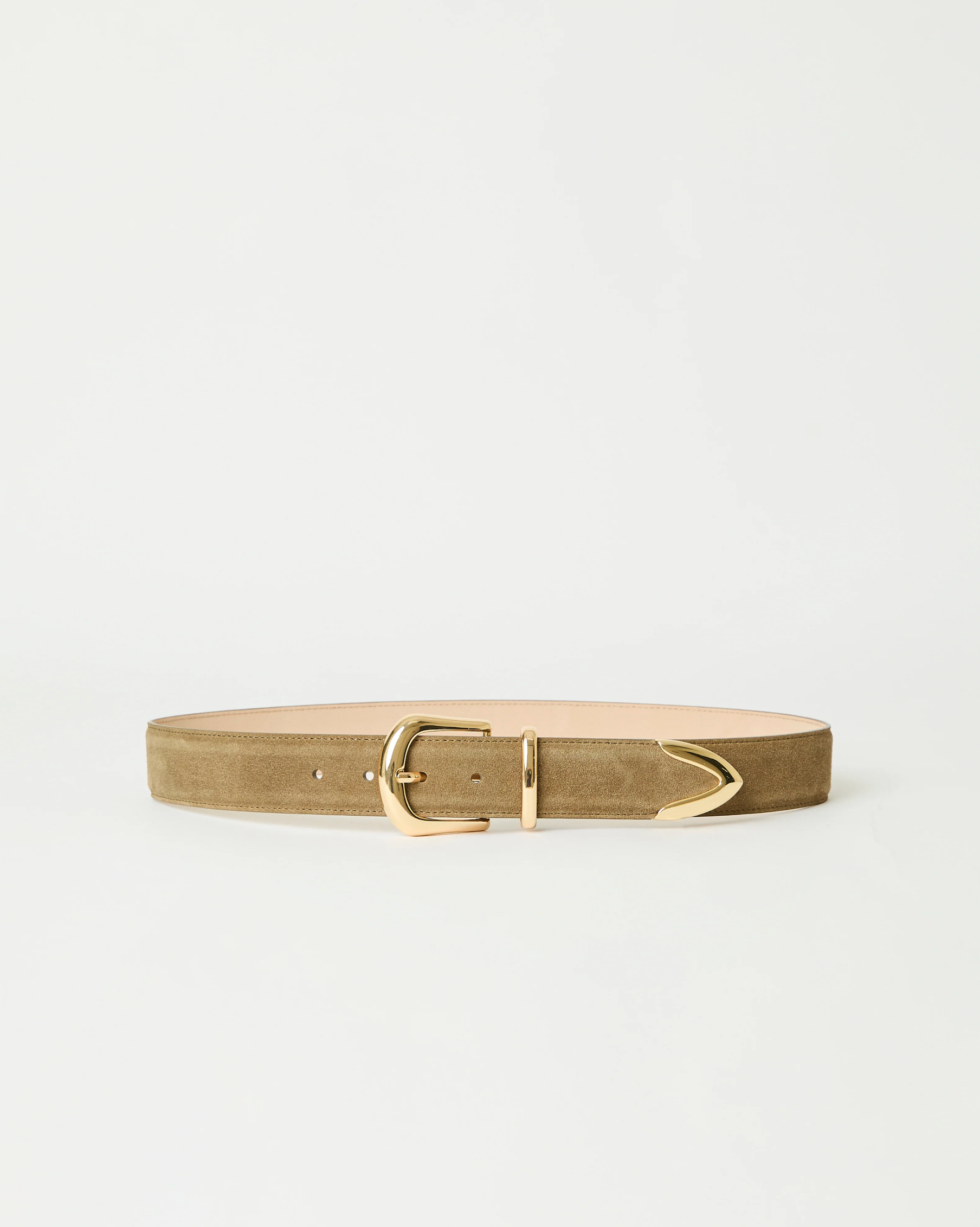 The Marc Belt by B-Low The Belt is a light brown suede hip belt featuring gold-tone hardware and a pointed tip, shown against a plain white background.