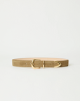 The Marc Belt by B-Low The Belt is a light brown suede hip belt featuring gold-tone hardware and a pointed tip, shown against a plain white background.