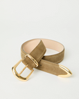 The Marc Belt by B-Low The Belt is a tan suede hip belt made from calfskin leather, featuring gold-tone hardware with a matching gold buckle and tip, displayed in a loose loop on a plain white background.