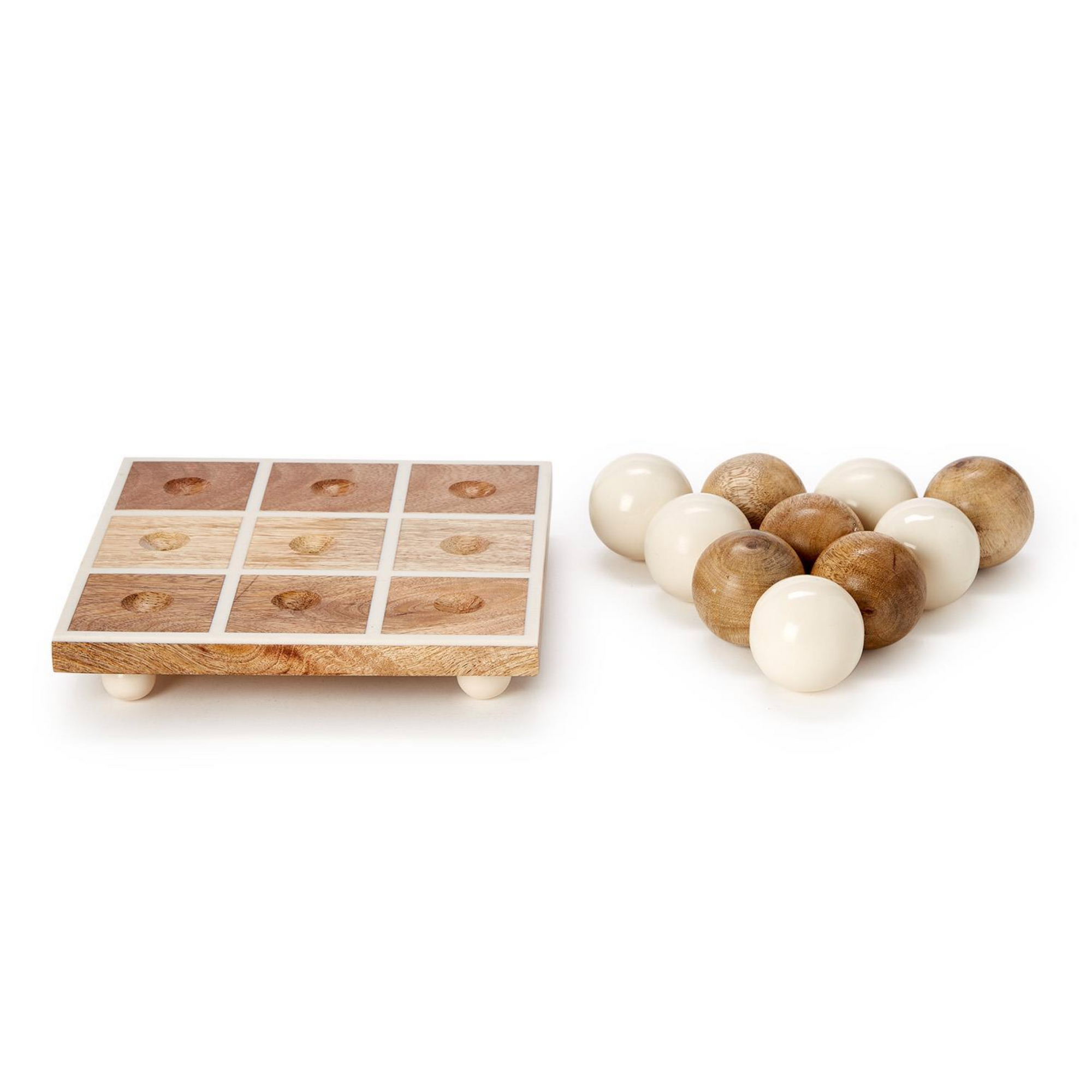 The Tic Tac Toe Game by Two's Company is handcrafted from mango wood, featuring nine recessed squares and round cream and light wood pieces—ideal for adding stylish decor to your game room.