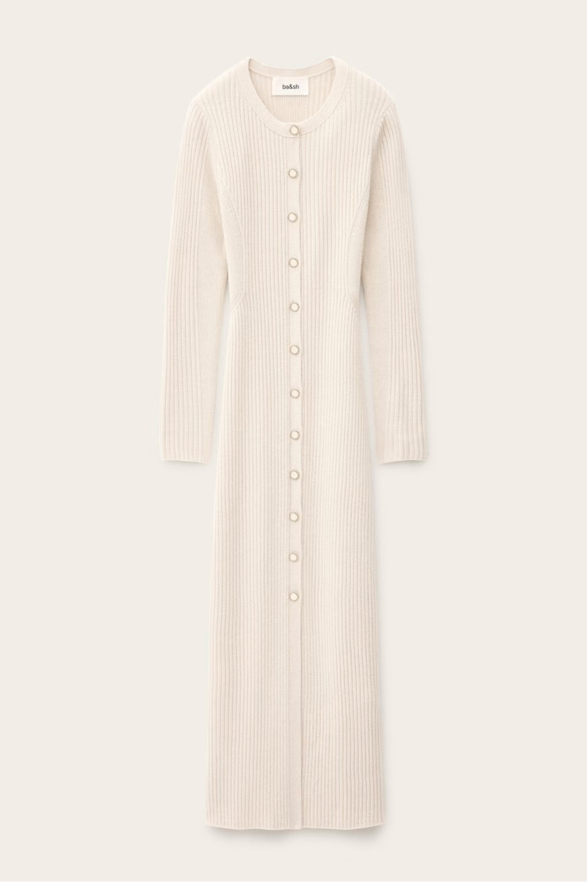 The BA&SH Dress Anisa is a long, cream ribbed knit wool dress with long sleeves, a round neckline, and front button closure from neck to hem.