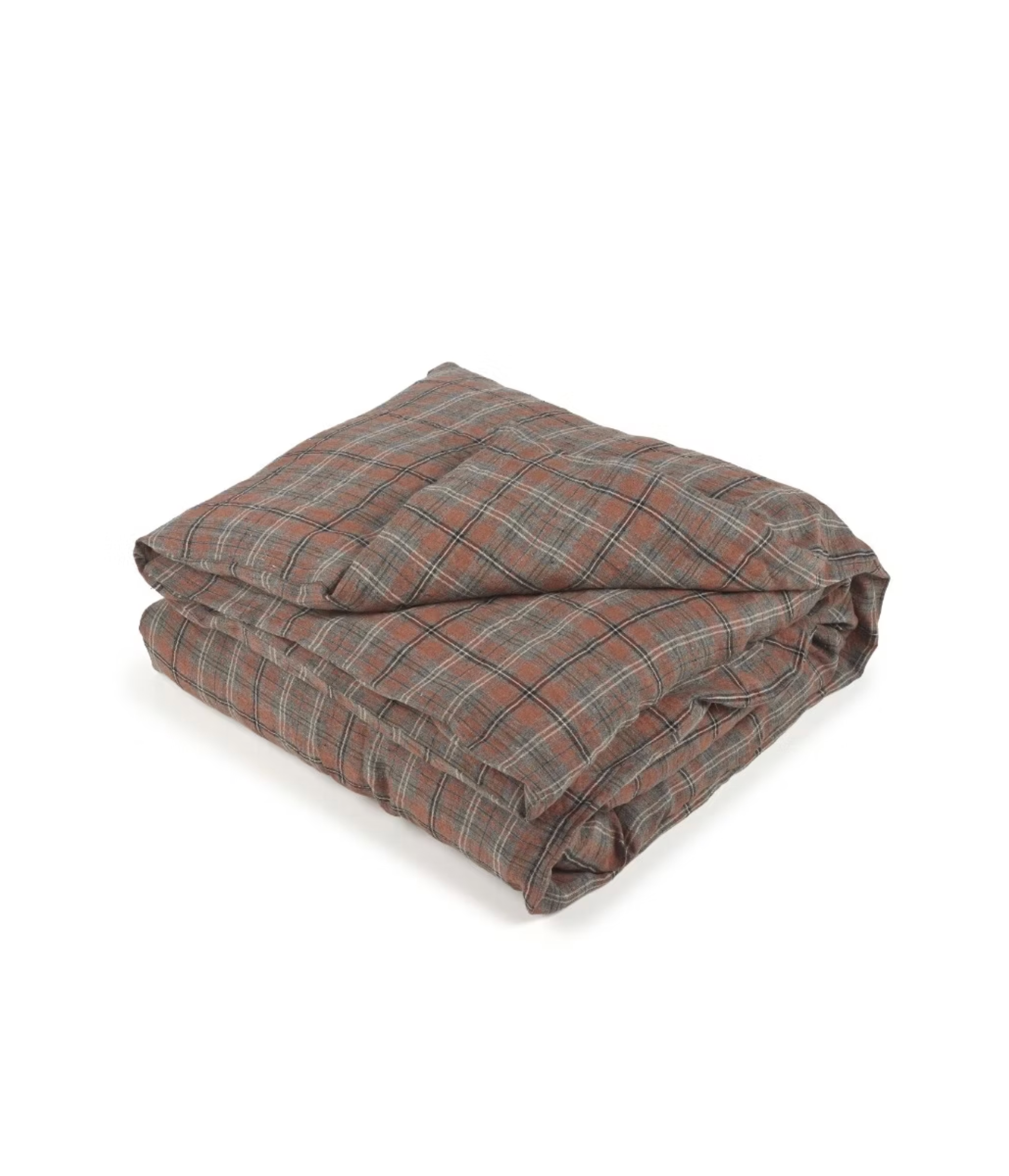 The Libeco Home Jude Check Duvet, featuring a plaid pattern in brown, gray, and red tones, is shown folded on a white background. Proper linen care keeps this duvet soft and its colors vibrant for lasting comfort.
