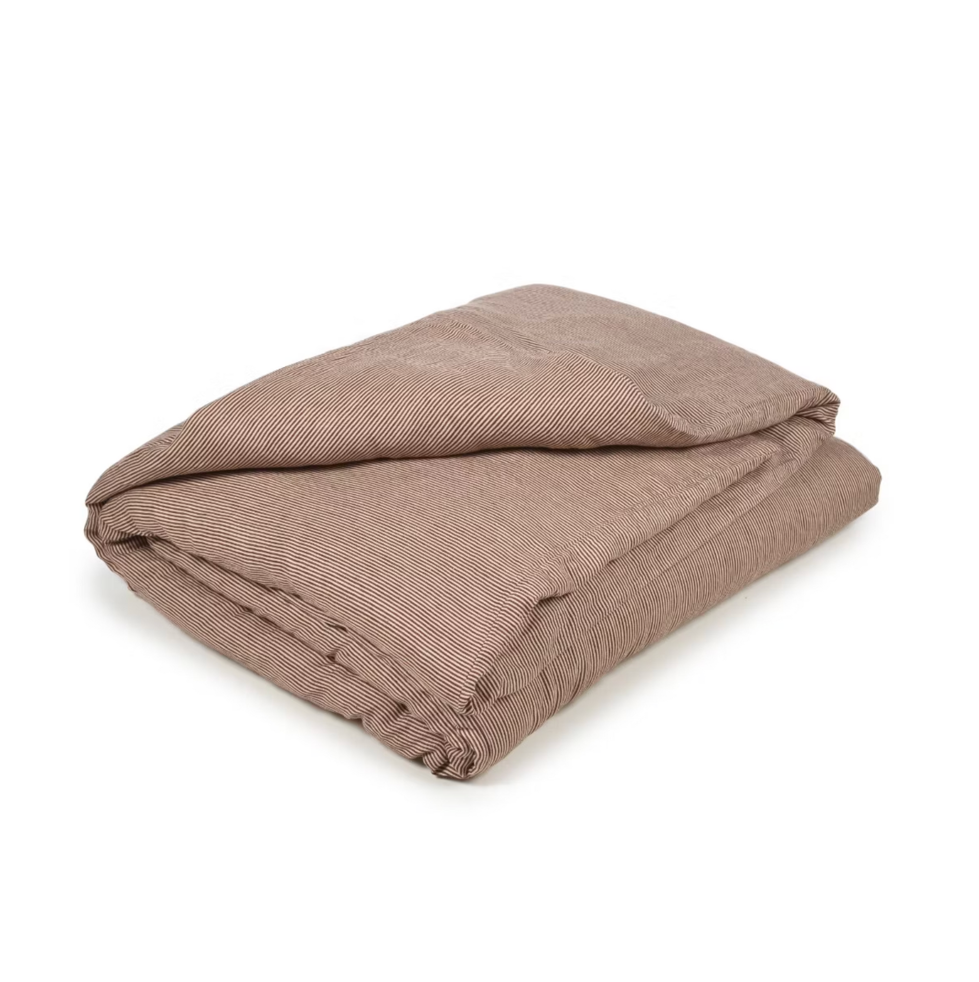 The Libeco Home Swimmers Stripe King Duvet, featuring light brown stripes and a washed finish, is folded and placed on a plain white surface.
