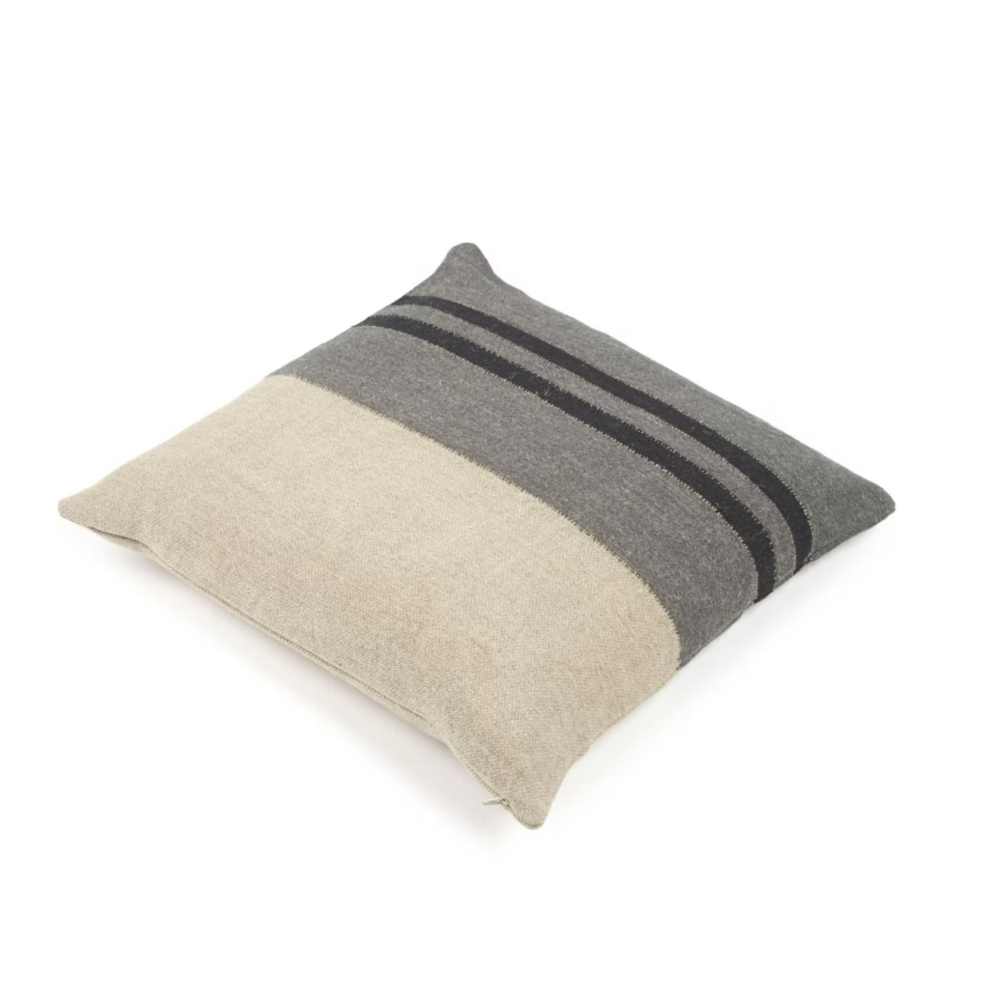 The Libeco Home Black House Stripe Pillow features a square color-block design with beige, light gray, and dark gray stripes on white. Designed for a 25x25 insert, it offers plush comfort and modern style.